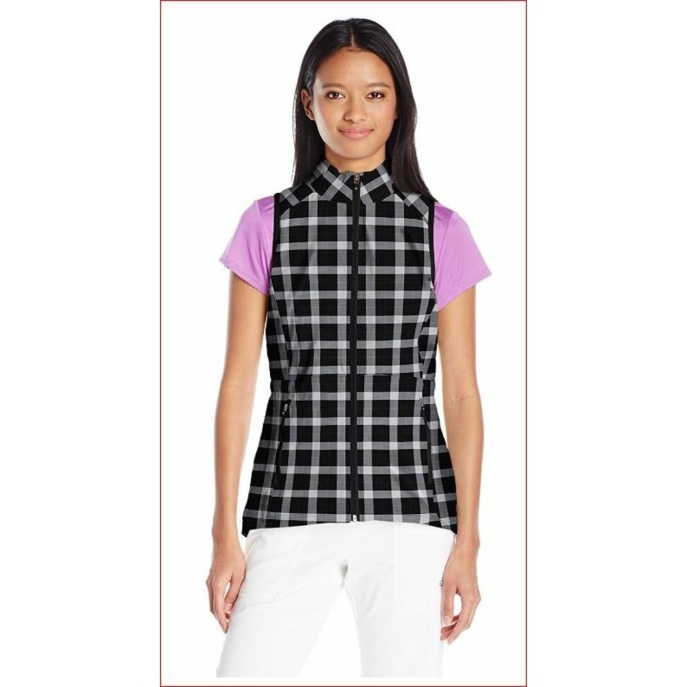 Skechers GoGolf Augusta Vest Polo LWJA29 Black White Plaid Women Small NEW